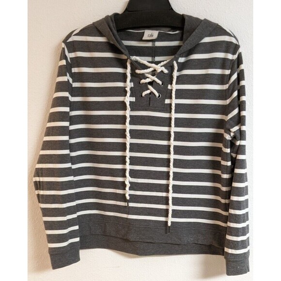 Cabi Women's Windward Striped Hooded Sweatshirt Top Gray/White # 5324 Size Small - Picture 2 of 9